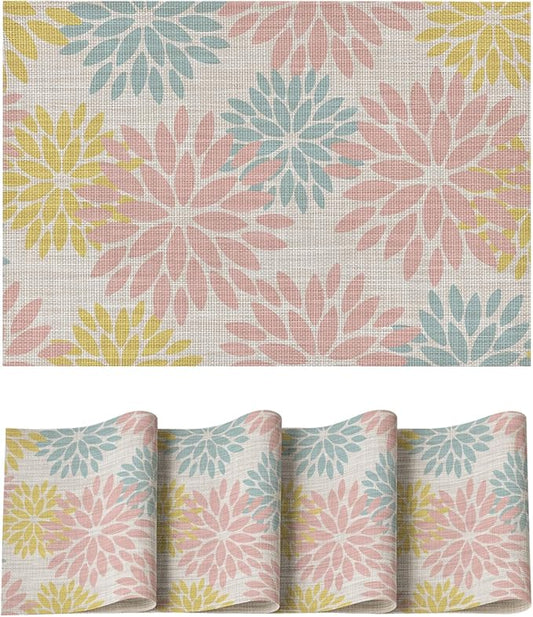 Artoid Mode Floral Vinyl Placemats Set of 4, 12x18 Inch Heat Resistant Washable Non-Slip Plistic PVC Place Mats for Party Kitchen Dining Decor, Pink Blue