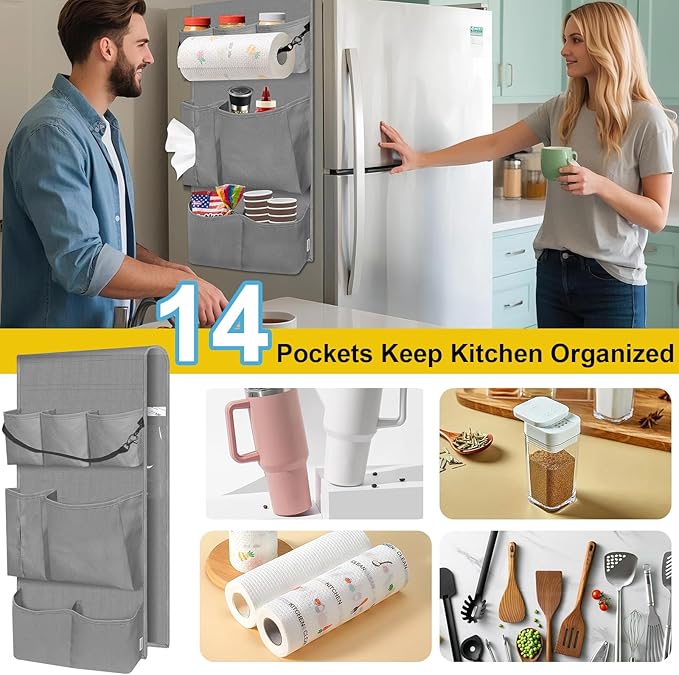 homyfort Mini Fridge Organizer, Over The Fridge Storage Organizer with 14 Pockets, College Dorm Fridge Storage for Office, Kitchen, Home, School, Gray