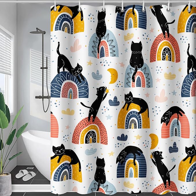 AILONEN Cat Shower Curtain, Rainbow Cat Bath Curtain,Cute Black Cat Bathroom Curtain Decor,Cat Lover Polyester Waterproof 72" W*84" H Shower Curtain (12 Hooks)