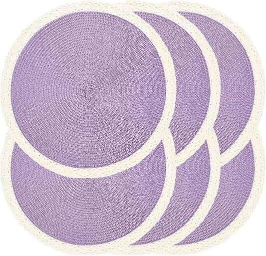 Noctiflorous Round Braided Placemats Set of 6 Table Mats 15 Inches Washable Heat Resistant for Dining Table Non-Slip Indoor Outdoor Place Mats for Easter(02 White Edge Purple 6)