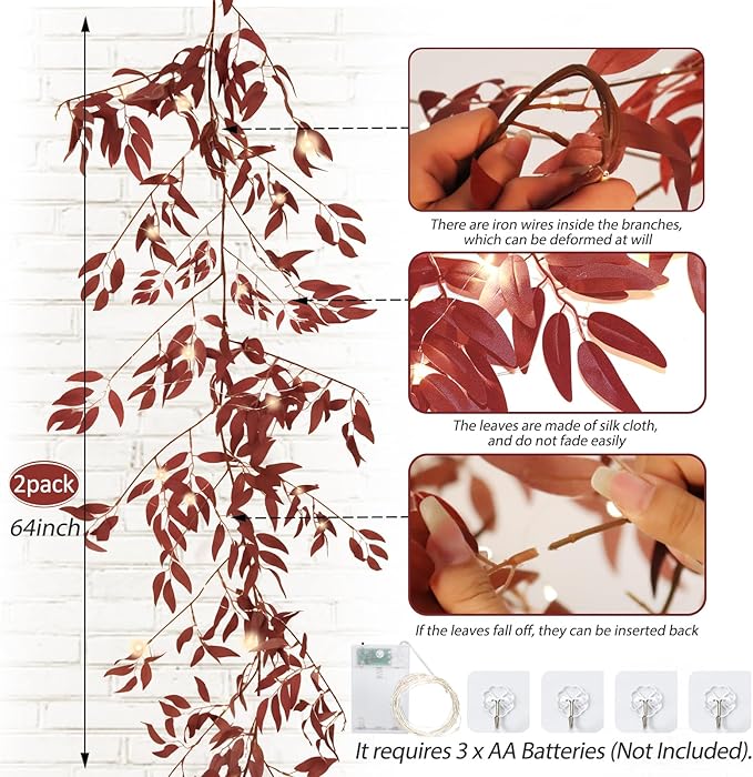 Artificial Hanging Willow Vine Twigs Whit Light 2Pcs 5.7Ft Fake Fall Garland Faux Silk Willow Leaves Ivy Indoor Outdoor Wedding Jungle Birthday Autumn Wreath Thanksgiving Christmas Party Decor