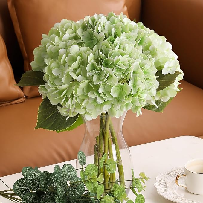 Tifuly Fake Hydrangea Artificial Flowers with Vase 4pcs Real Touch Faux Hydrangea with 3pcs Eucalyptus Stems for Wedding Centerpiece Home Party Table Decoration（Green）
