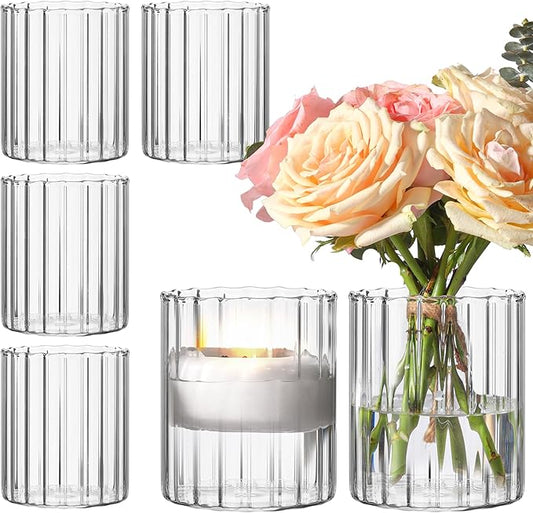 ComSaf 6pcs Glass Cylinder Vases 4 Inch Tall, Small Vase for Flowers, Short Ribbed Vases for Centerpieces, Clear Hurricane Glass Candle Holders for Table Party Home Decor