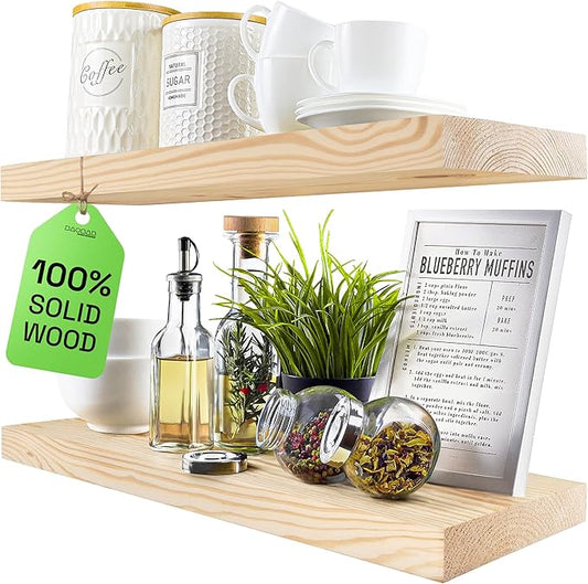 BAOBAB WORKSHOP Wood Floating Shelves for Bathroom Wall - Rustic Shelf 24 inch - Floating Wooden Shelves for Bedroom Kitchen Living Room - Natural Wood Shelves - DIY, 24 x 6.7 Inch, Set of 2