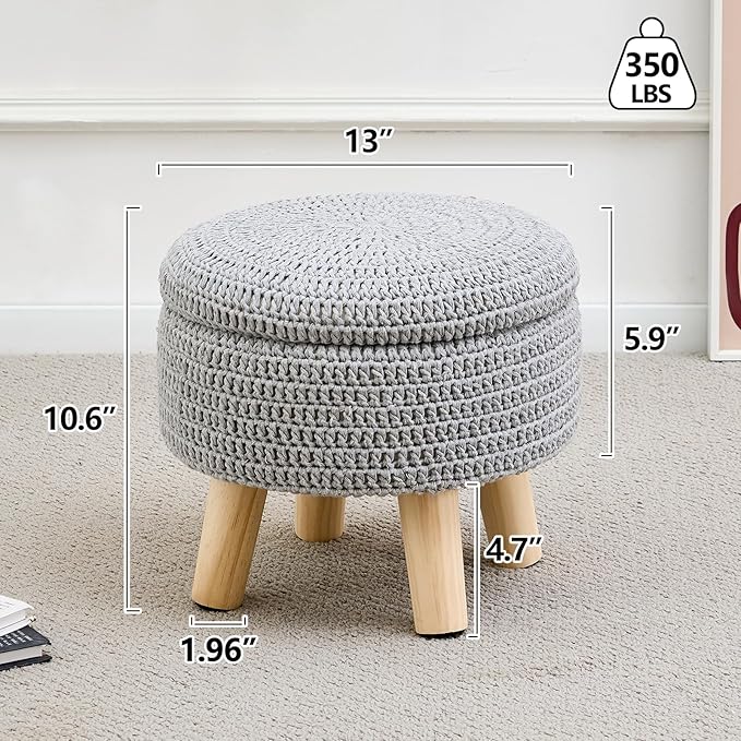Wimarsbon Pouf Ottoman, 100% Cotton Knitted Boho Footstool, Round Footrest with Non-Skid Wood Legs, Home Décor Handmade Pouffe, Leisure Floor Step Stool for Living Room (Storage Grey)