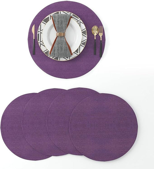 Set of 4 Round Placemat 15 Inch Soft Linen eco-Friendly Fabric Handcrafted Machine Washable Indoor & Outdoor Tablemat Dark Purple