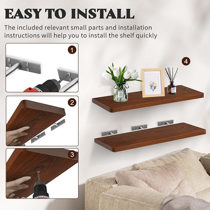 Floating Shelves for Wall,Wall Mounted Rustic Wood Shelves for Bathroom Living Room Bedroom and Kitchen,Long Hanging Shelf for Books/Storage Room/Decor (Rustic Brown,Set of 2,36 in)