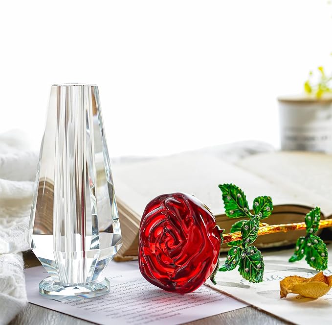 HDCRYSTALGIFTS Crystal Rose Flower Figurine Collectible Flower Gifts for Women,Crystal Glass Flower Collectible Ornaments for Christmas Home Table Centerpiece