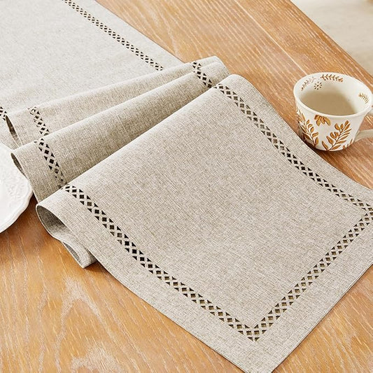 Burlap Style Farmhouse Table Runner, 13 x 60 Inch Coffee, Rustic Geometric Hollow Table Runners 60 Inches Long for Dresser Table Everyday Use, 13x60 Inches, Coffee