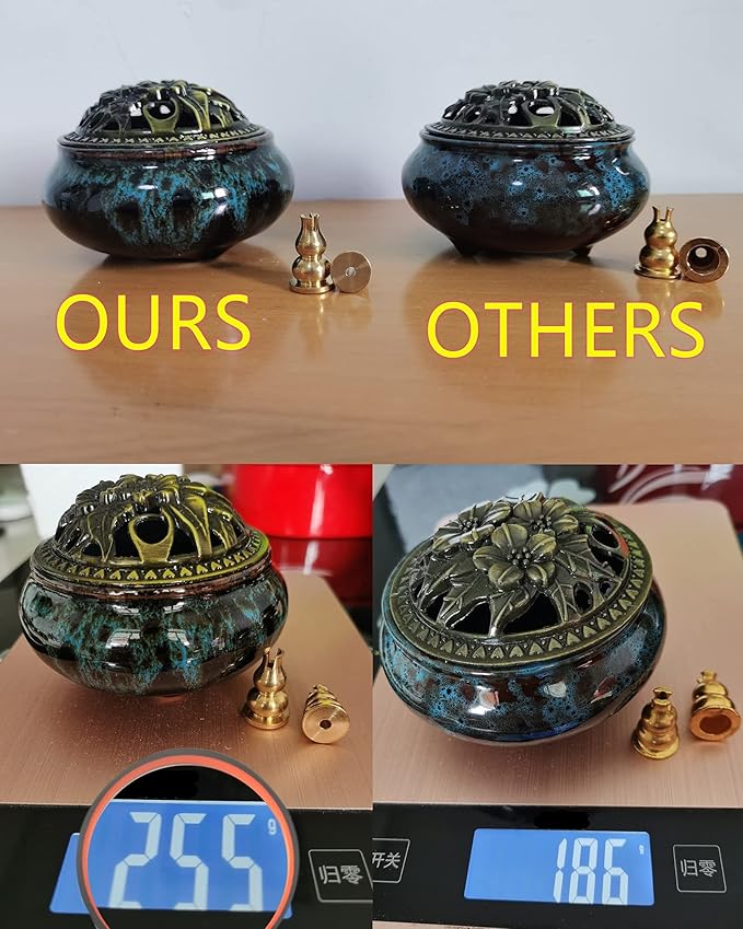 Ceramic Incense Burner with Incense Stick Holder + Insulation use for Stick or Coil Incense, Sage Cones and Frankincense (Fambe Blue)