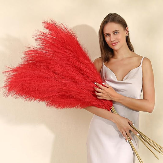 Red Pampas Grass Decor - 45-Inch Set of 8 | Artificial Large Pampas Grass Soft and Fluffy | Long Faux Flower | Perfect for Wedding Centerpieces, Farmhouse, Living Room Decor