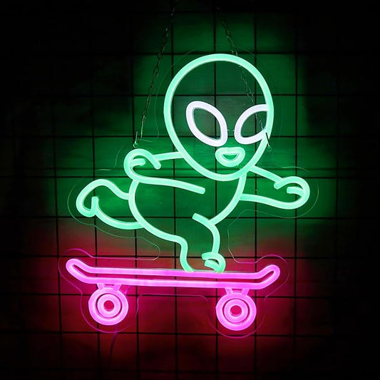 Alien Skateboard Neon Cool LED Light Up Sign For Room Wall decor Neon Alien Sign for Teen Boys Room Decor Dimmable LED Sign for Wall Art Gifts 12.6 * 14.2IN
