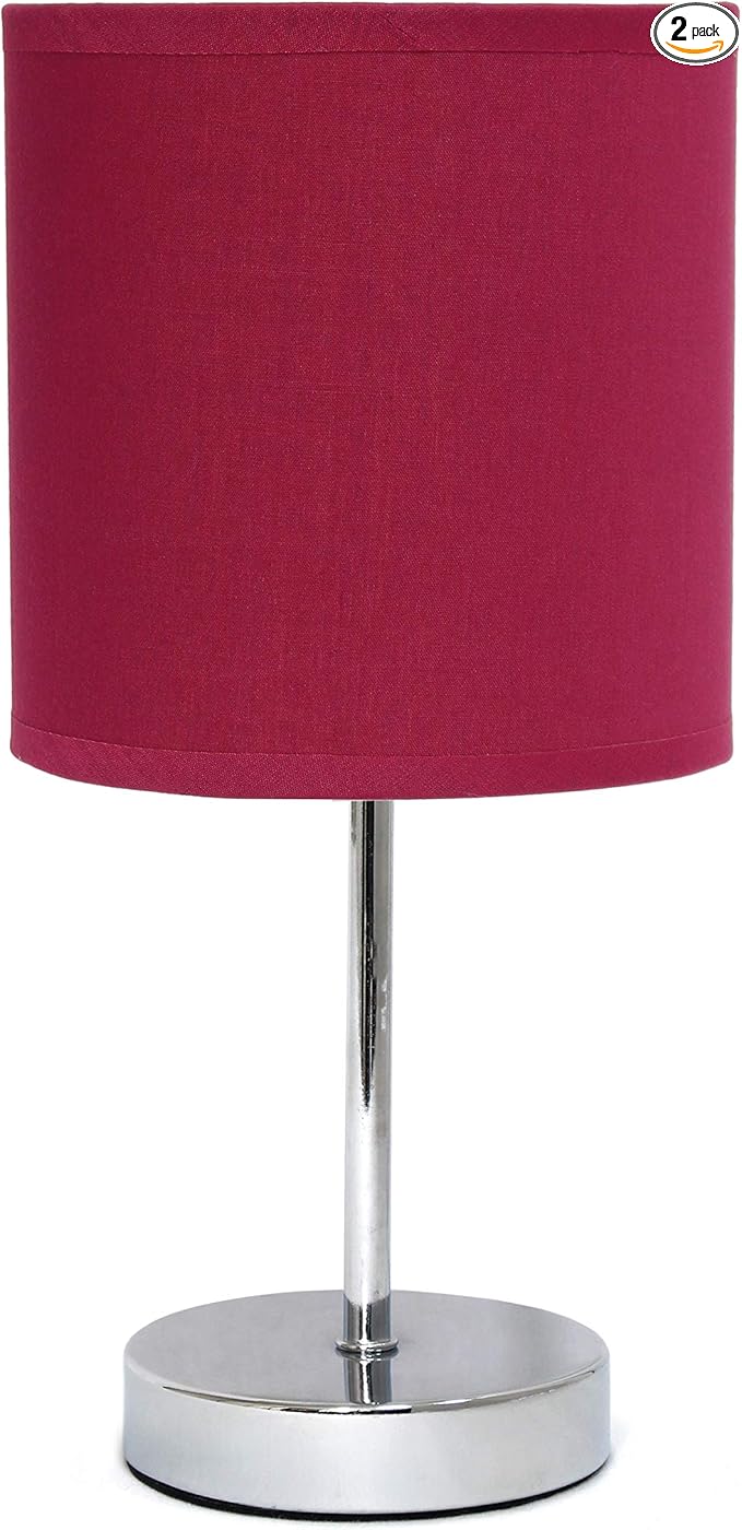 Simple Designs LT2007-WNE-2PK Chrome Mini Basic Table Lamp with Fabric Shade 2 Pack Set, Wine