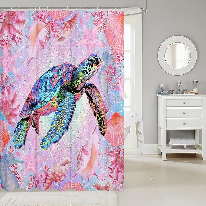 Feelyou Colorful Sea Turtle Fabric Shower Curtain Under Sea Animals Themed Shower Curtain for Kids Pink Shells and Corals Bathroom Waterproof Accessories with 12 Hooks Ombre Curtains,72X84 Inches