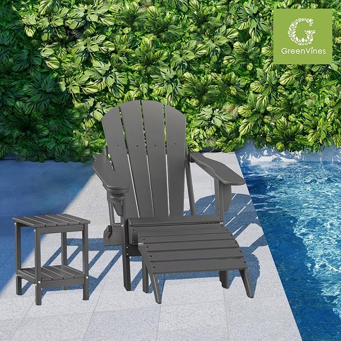 GREENVINES Adirondack-Outdoor-Side-Table | Set of 2 | 14 x 13 Inches | HDPE Plastic | All Weather | Grey | Outside End Tables | Storage Shelf | for Patio Porch Backyard Indoor