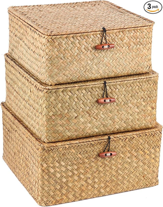 3 Pack Cube Seagrass Storage Bins with Lids, Rattan Woven Decorative Storage Boxes, Wicker Storage Baskets for Shelves, Storage Containers for Organizing, Clothes and Hobby Things
