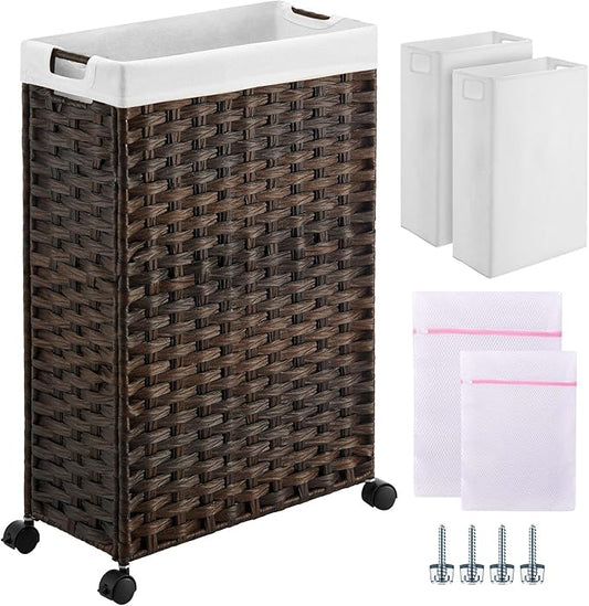 Greenstell Laundry Hamper with Wheels, 11.9 Gallon (45L) Small Clothes Hamper with 2 Removable Liner Bags & 2 Mesh Bags, Slim Rattan Laundry Basket for Bathroom, Bedroom, Brown