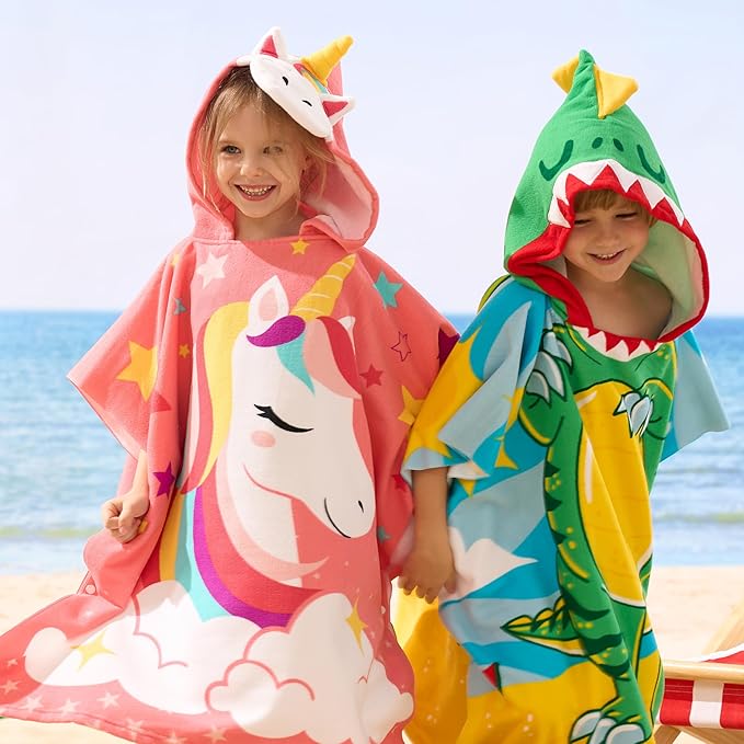 Joiedomi Kids Beach Towel - Dinosaur Bath Towel with Hood - for Boys Girls 3-10 Years 30" x 30" - Toddler Soft Absorbent Swim Pool Towel- Quick Dry Microfiber Surf Poncho