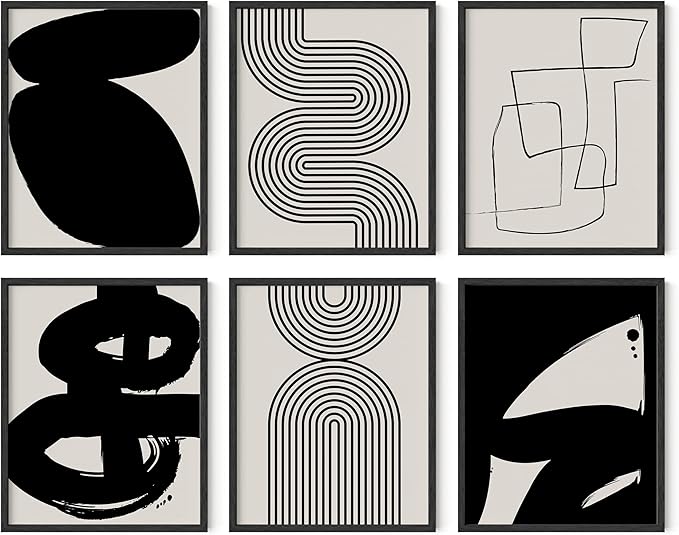 HAUS AND HUES Black Abstract Painting Aesthetic Wall Art- Set of 6 Modern Abstract Wall Art, Black and Gray One Line Abstract Art, Geometric Print Wall Art, Minimalist Wall Art (Black Frame, 16x20)