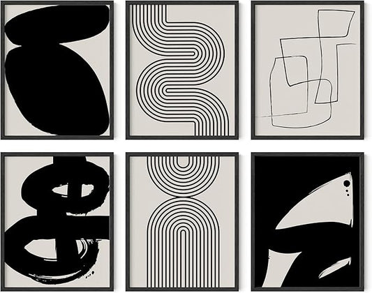 HAUS AND HUES Black Abstract Painting Aesthetic Wall Art- Set of 6 Modern Abstract Wall Art, Black and Gray One Line Abstract Art, Geometric Print Wall Art, Minimalist Wall Art (Black Frame, 16x20)
