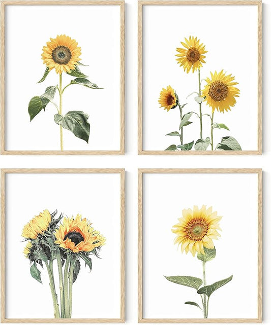 HAUS AND HUES Sunflower Wall Decor and Sunflower Posters Set of 4 Sunflower Bedroom Decor Sunflower Paintings for Wall Yellow Wall Art Kitchen Decor (Sunflower Set Collage 11x14 Framed Beige)