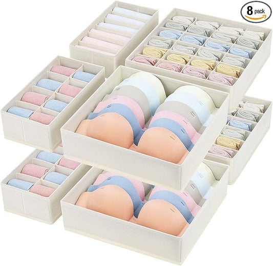 Foldable Underwear and Sock Organizer - Divider Fabric Dresser Drawer Organizer for Socks, Bra, Underwear, Tie, 8 Pack, Beige