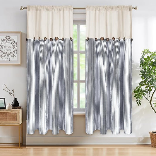ASPMIZ Cotton Linen Farmhouse Curtains Boho Rustic Button Drapes, Linen Window Curtain Panels, Blue Stripe Country Curtains for Bedroom Living Room, Modern Rod Pocket Curtain 52 x 63 Inch, 2 Panels