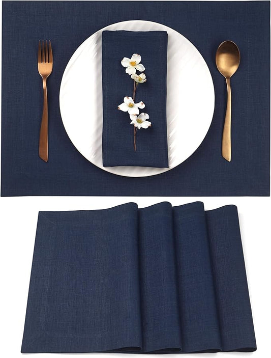D'Moksha Homes Linen Navy Blue Placemats Set of 4-100% Pure Linen Placemats 14 x 19 Inch for Summer - Handcrafted and Machine Washable