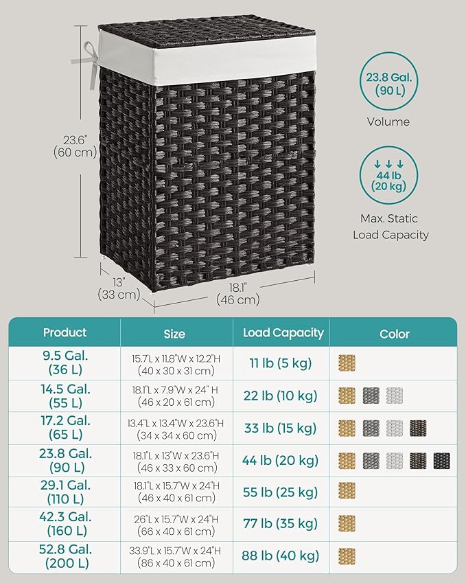 SONGMICS Laundry Hamper with Lid, 23.8 Gallon (90 L) Synthetic Rattan Clothes Laundry Basket with Lid and Handles, Foldable, Removable Liner, Black ULCB51BK