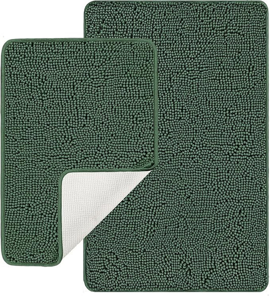 Dark Green Bathroom Rugs Sets 2 Piece – Absorbent and Washable Bath Mat, Non-Slip, Thick Soft Chenille Bath Rugs for Bathroom Floor, Shower, Sink - 17" x 24"+20" x 32"