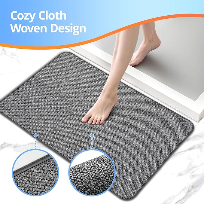 Thin Bathroom Rugs, Bath Mat Super Absorbent, Bath Rugs Rubber Backing Non-Slip, Quick Dry Machine Washable, Cozy Cloth Bathroom Mat fit Under Door/Sink/ Bathtub/Floor/Shower 24''x48''-Dark Grey