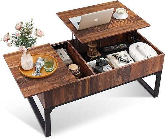 WLIVE Lift Top Coffee Table with Storage, 40.9" Coffee Table with Lifting Top & Sliding Cover, Wood Modern Center Table with 2 Hidden Compartment for Living Room, Retro Brown