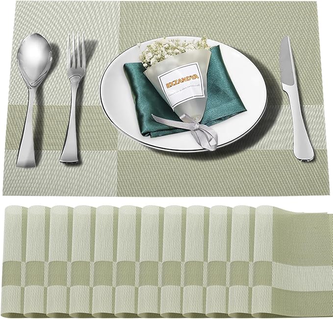 Placemats Set of 12,Washable,Heat and Stain Resistant Indoor/Outdoor Place mats, Vinyl Woven Non Slip Table Mats for Restaurant Table Protection, PVC Table Placemats.(Green, 12PCS)