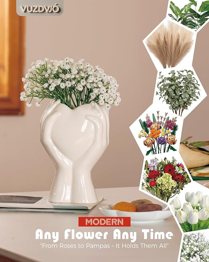 8 inch Tall Hand Heart Flower Vase - Cute Unique Ceramic Small White Vases Home Decor for Pampas Grass Bouquet Plant Tulip Floral - Living Room Coffee Table,Shelf,Dining Table Decor,Mom Gifts (White)