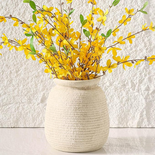 Ceramic Flower Vase, 7.48 Inch White Rustic Farmhouse Decorative Vase Pottery Wide-Mouth Vases for Home Decor Table Living Room Entryway Mantel Bookshelf Bedroom Bathroom Kitchen