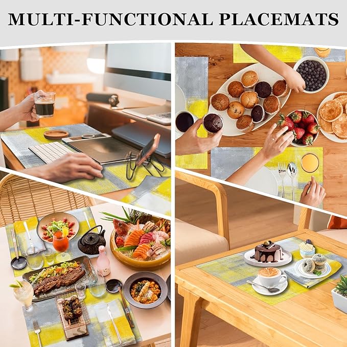 MCALK 4 Each Yellow Placemats and Cloth Napkins Set of 8, Modern Abstract Art Painted Placemat for Home Kitchen Decor (Placemats 18 "x12 Cloth Napkins 18 "x18)