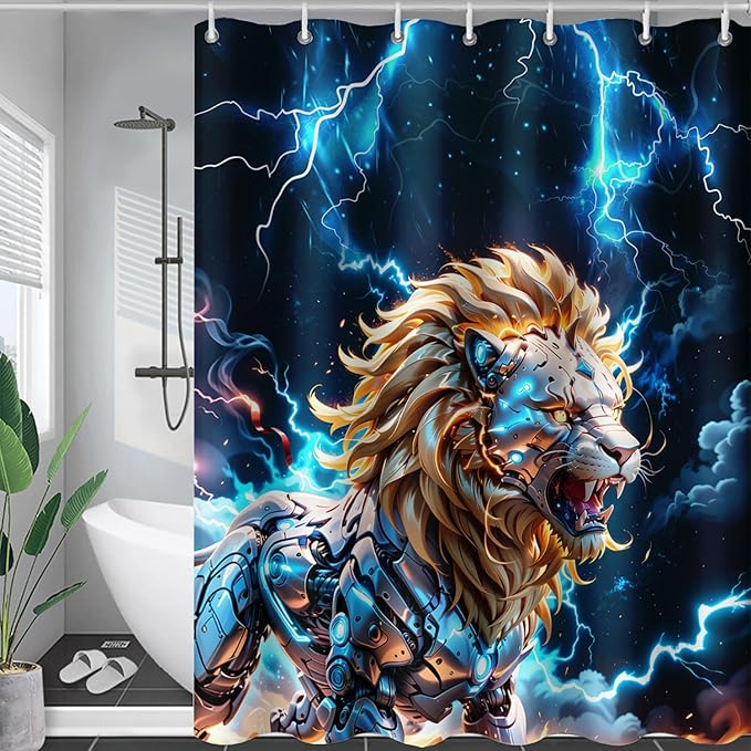 AILONEN Lion Shower Curtain,Evening Lightning Howling Lion Bath Curtain,Fierce Lion Bathroom Curtain Decor,Safari Animal Polyester Waterproof 60" W*72" H Shower Curtain (12 Hooks)