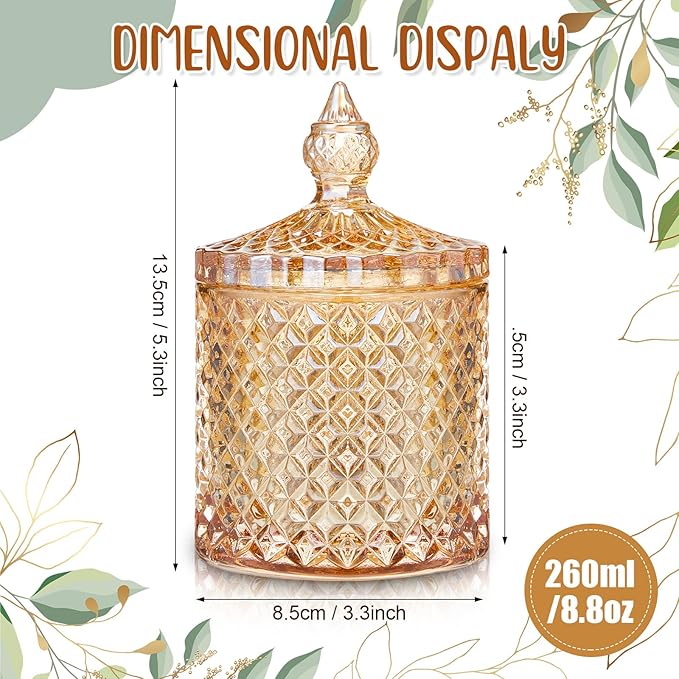 Aoriher 4 Pcs Crystal Glass Candy Jar Set with Lids Home Decorative Storage Jars for Apothecary, Bathroom, Kitchen, and Pantry, Ideal for Cotton Swabs and Jewelry(Medium,Amber)