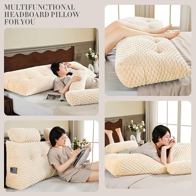 Wedge Headboard Pillow - Bed Wedge Pillow for Headboard Triangular Headboard Pillow with Neck Roll Pillow-Large Bolster Pillow for Sitting in Bed Backrest Positioning Support (Beige,59x8x20 Inches)