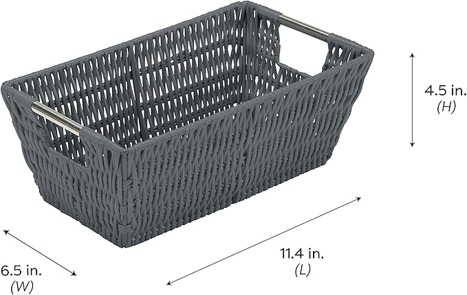 Simplify Small Shelf Rattan Storage Basket | 11.5"x 6.5"x 4.5" | Iron Wire Construction | Carry Handles | Ideal for Home | Dorm | Office | Home Organization | Charcoal