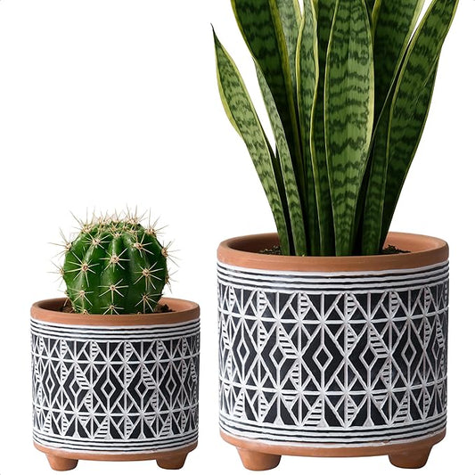D'vine Dev Set of 2 Terracotta Planter Pots, 4 Inch & 6 Inch, Design Plants Pot with Drainage Hole, Midnight Weave, Terracotta/Black, 31-953-G-2