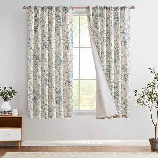 jinchan Lined Linen Blend Curtain Floral Curtains for Living Room 63 Inch Length Blue Peony Flower Printed Curtain Rod Pocket Back Tab Farmhouse Patterned Drapes Bedroom Window Curtains Set 2 Panels