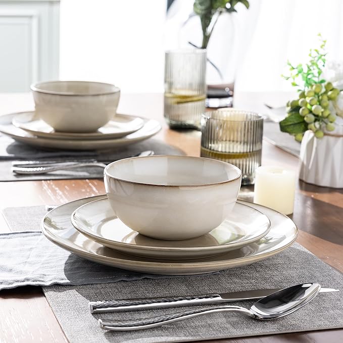 AmorArc Stoneware Dinnerware Sets for 6, 18 Pieces Handpainted Ceramic Plates and Bowls Set, Scratch Resistant Dishes Set, Dishwasher & Microwave Safe, Cappuccino