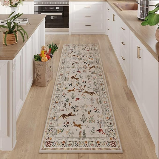 Runner Rug for Kitchen Non Slip 2'6''x8' Washable Rugs with Rubber Backing Soft Floral Animal Carpet Runner for Kitchen, Laundry, Bedroom, Bathroom (Beige)