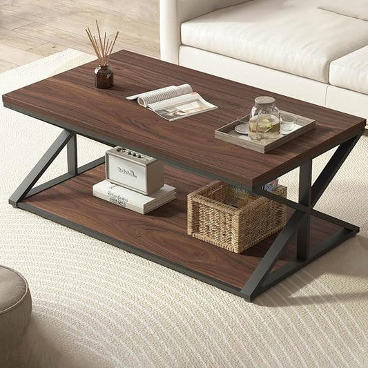 Coffee Table with Storage, Modern Living Room Table, Minimalist Rectangle Center Table, Industrial Vintage Wood Tea Tables, 39 Inch, Walnut