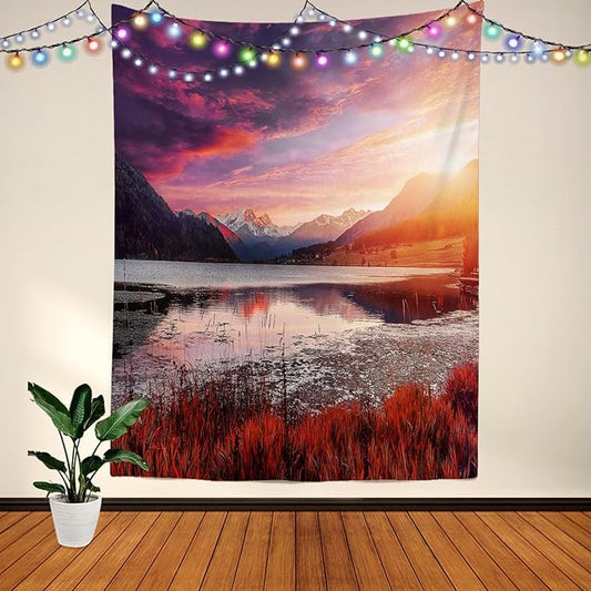 BaoNews Rose Madder Natural Redwood Trees Tapestry,Landscape Lake Large Wall Hanging Polyester Tablecloths Tapestry Bedroom Room Living Room Dorm 59 1 x 39 4 Inches