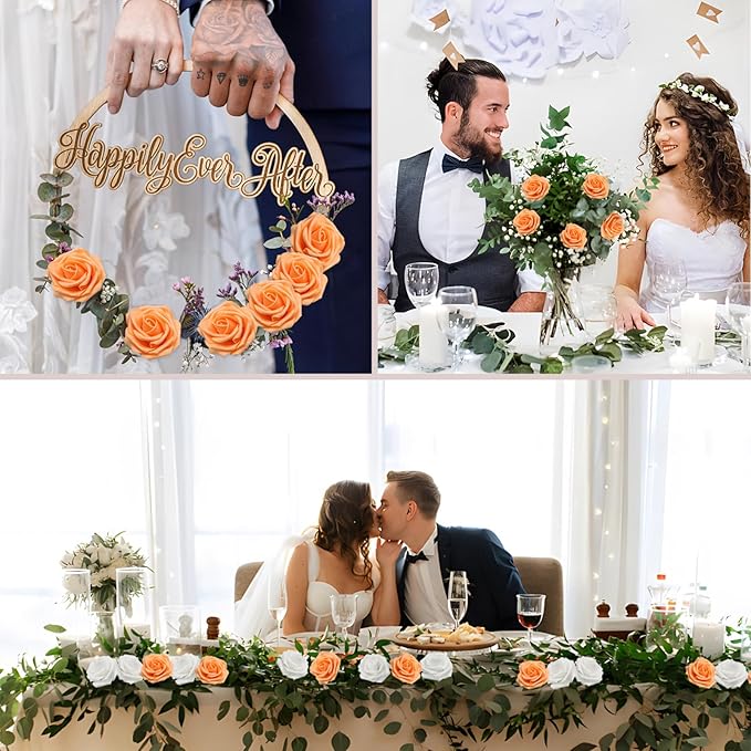 200PCS Orange Artificial Flowers Roses Real Looking Foam Fake Roses with Leaves for DIY Wedding Bouquets Bridal Shower Party Decorations (Orange, 200)
