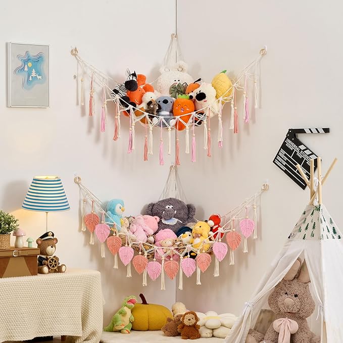 Pretty Jolly Macrame Leaf Wall Hanging Storage Hammock, 59" Boho Corner Organizer with Tassels, Stuffed Animal Plush Holder for Kids Room Nursery Decor (Leather Pink & Light Pink)