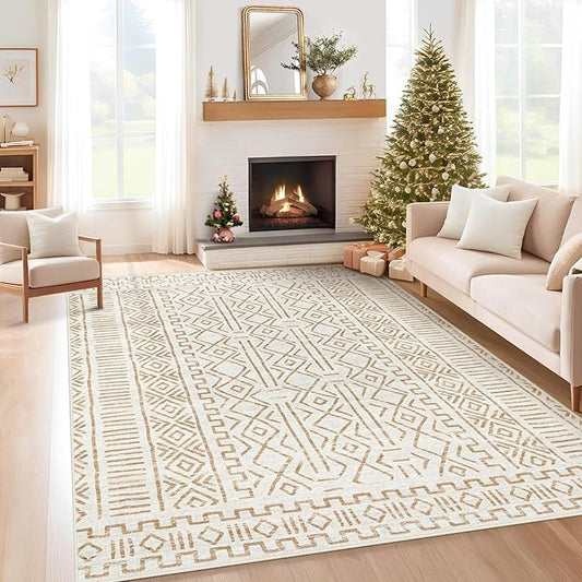 6x9 Area Rug Living Room: Washable Boho Geometric Moroccan Rug Neutral Modern Farmhouse Indoor Soft Non Slip Ultra Thin Printed Pattern Carpet for Dining Room Bedroom Nursery Home (BeigeBrown, 6'x9')