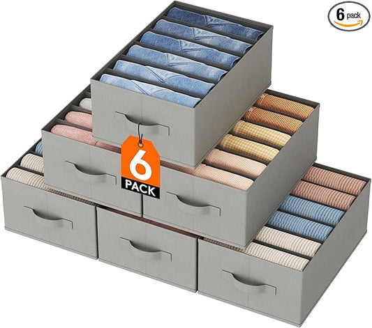 Lifewit Wardrobe Clothes Organizer 6 Pack, Large Size 6 Grids Closet Jean Storage Bins with Handles and Support Boards, Foldable Drawer Dividers for Sweater, Pants, T-shirt, Hoodie, Dress, Grey